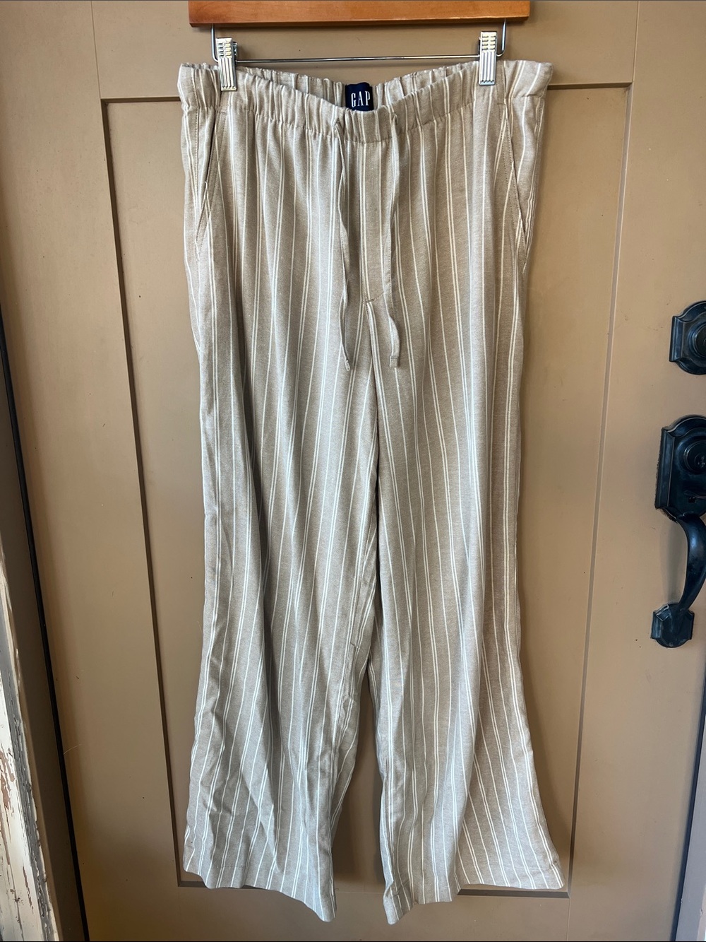 Gap Linen Blend Sz M Khaki White Stripes Wide Leg Pullon Pants Beachy Lagenlook
